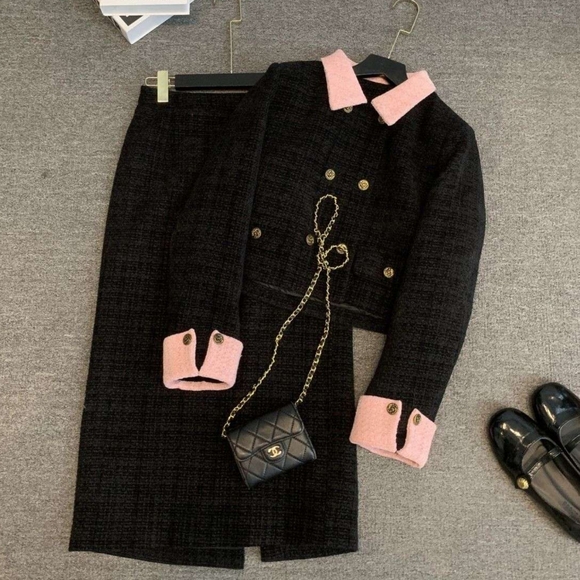Jackets & Blazers - Two Piece Skirt Suit Small Fragrant Tweed Jacket With A Line Skirt Women's